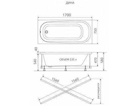 Акриловая ванна Triton Дина 170х75 (с каркасом, экраном) Щ0000050444 - фото 9
