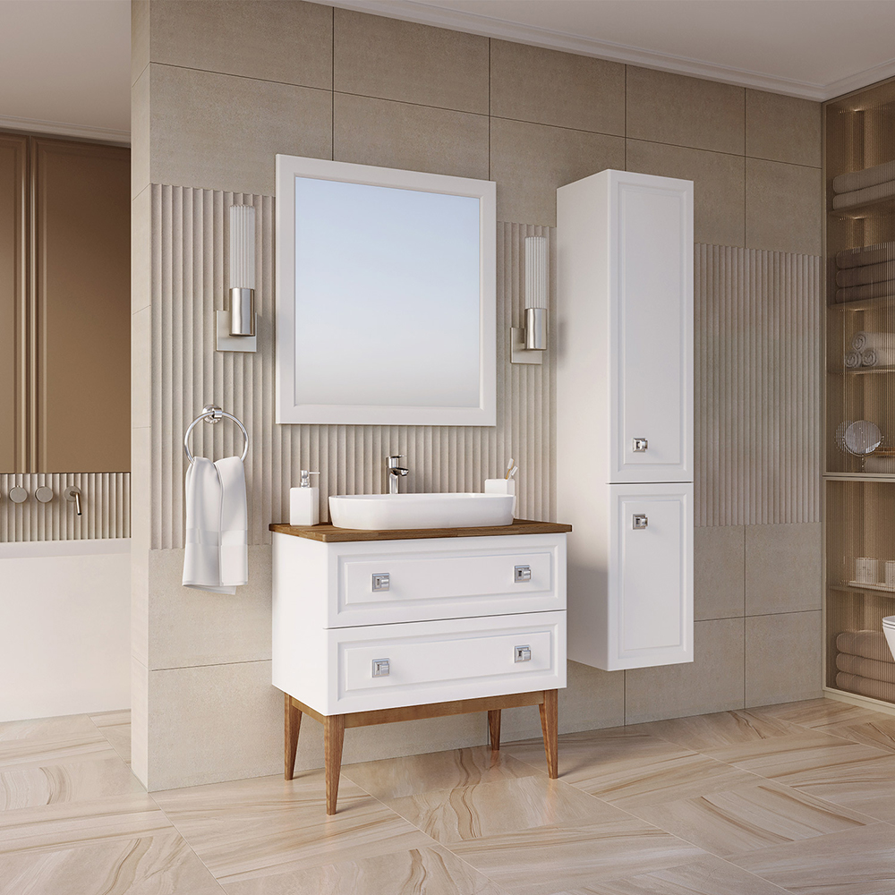 Комплект мебели для ванной ASB-Woodline Каталина 80 слоновая кость (тумба с раковиной, зеркало)