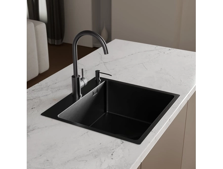 Кухонная мойка РМС MR-5050BL 50x50 графит (корзина раздвижная, дозатор, сифон) - фото 2