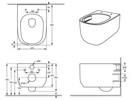 Унитаз подвесной Grossman Thin Rim GR-5605SQ торнадо, безободковый 520х374х355 - фото 10