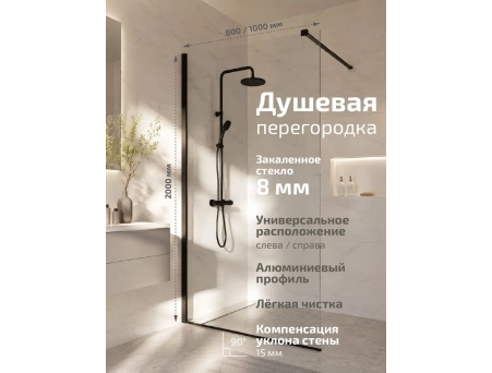 Душевая перегородка Triton Плано-Блэк 100x200 с черным профилем, прозрачным стеклом Щ0000072404 - фото 2