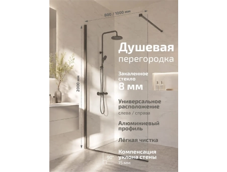 Душевая перегородка Triton Плано-Графит 100x200 с профилем графит, прозрачным стеклом Щ0000078696 - фото 2