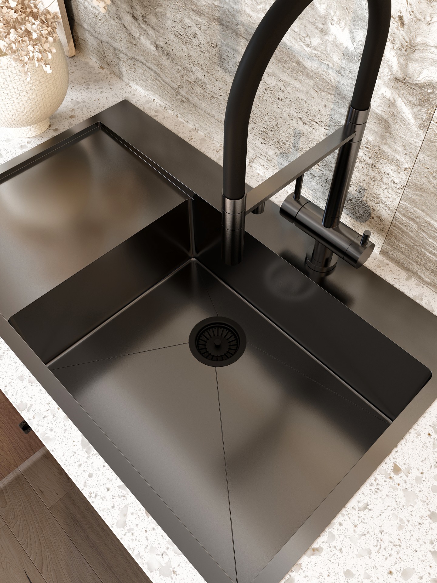 Сифон для кухонной мойки Aquant B0186-20-MR 3 1/2" (с универсальным переливом), черный